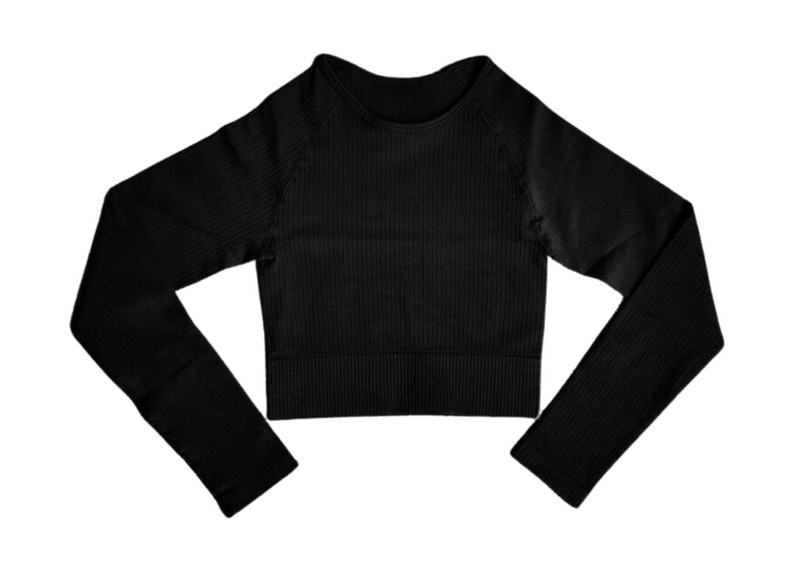 Women's Yoga Long Sleeve Crop Top - pictured here in midnight black.
